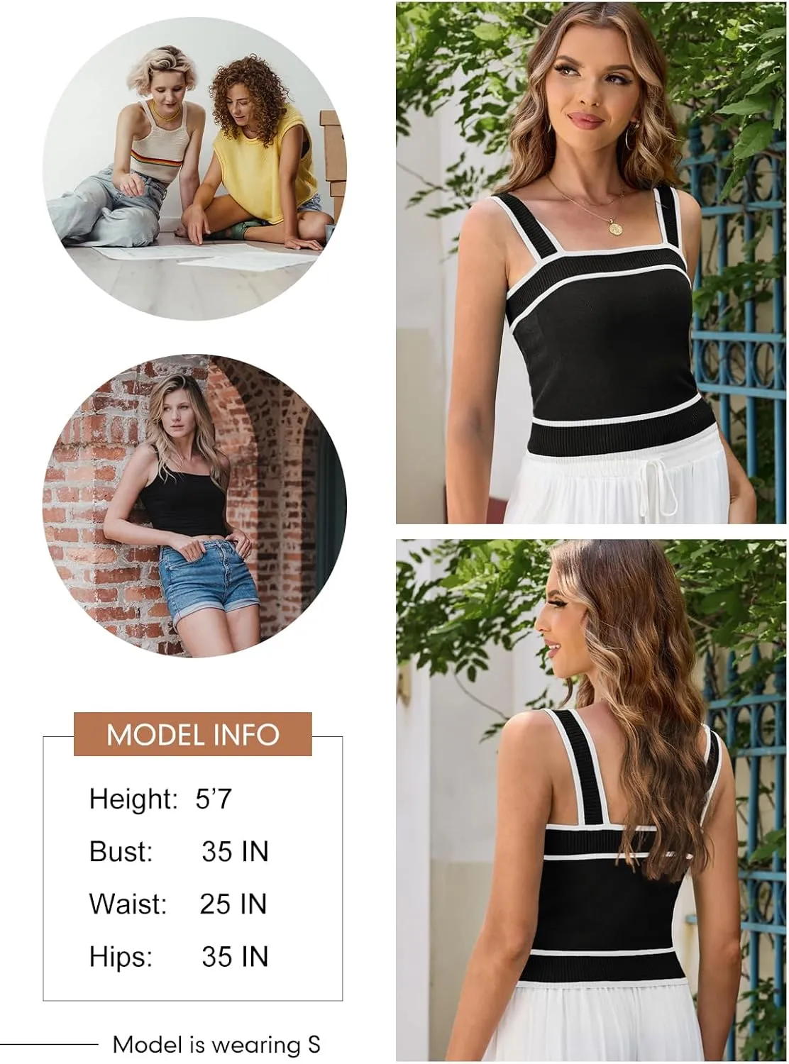 Dokotoo Women's Square Neck Knit Crop Tank Tops 2025 Slim Fit Y2K Color Block Sleeveless Cami Shirts