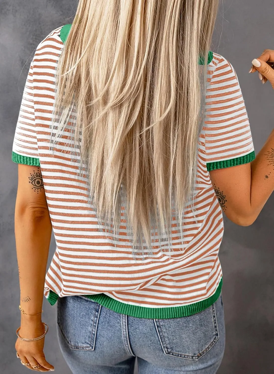 Dokotoo Womens Tops Casual Summer Crewneck Short Sleeve Striped Color Block Knit High Low Trendy Pullover Sweaters