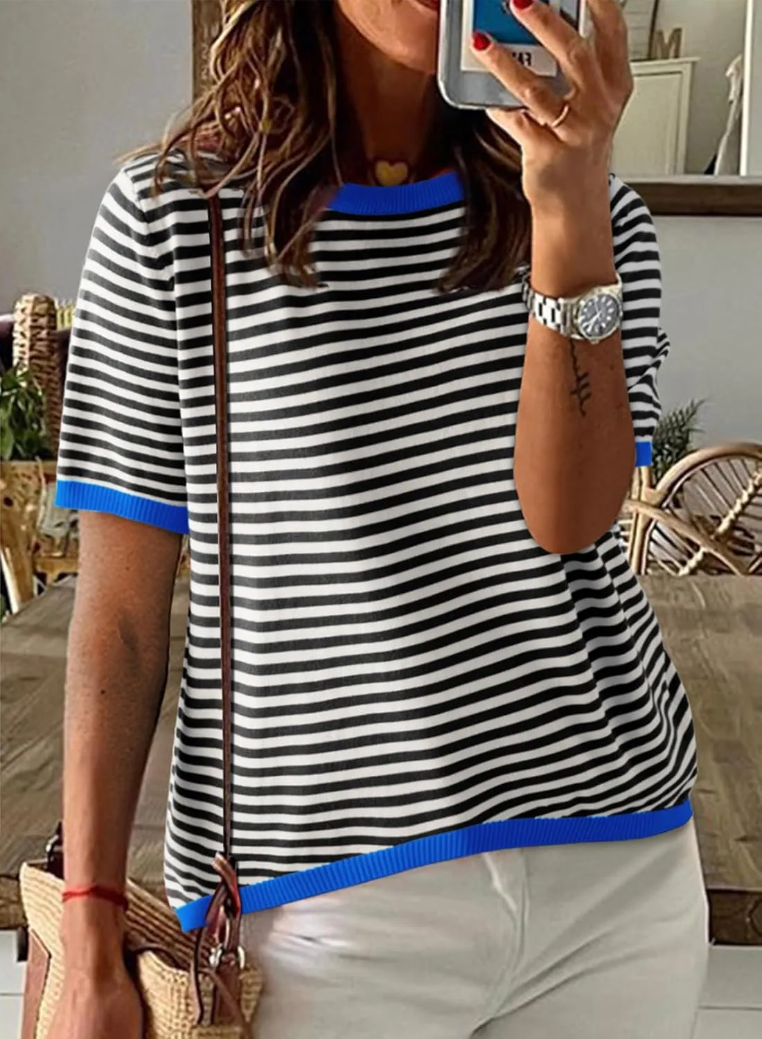 Dokotoo Womens Tops Casual Summer Crewneck Short Sleeve Striped Color Block Knit High Low Trendy Pullover Sweaters