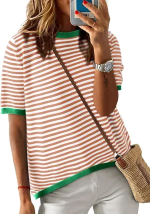 Dokotoo Womens Tops Casual Summer Crewneck Short Sleeve Striped Color Block Knit High Low Trendy Pullover Sweaters