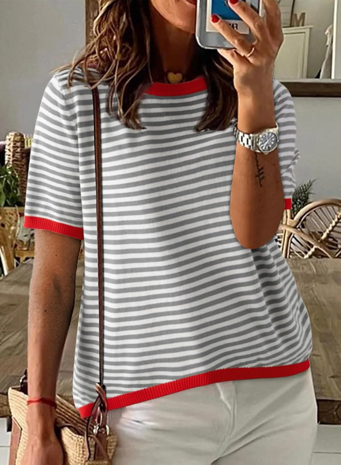 Dokotoo Womens Tops Casual Summer Crewneck Short Sleeve Striped Color Block Knit High Low Trendy Pullover Sweaters