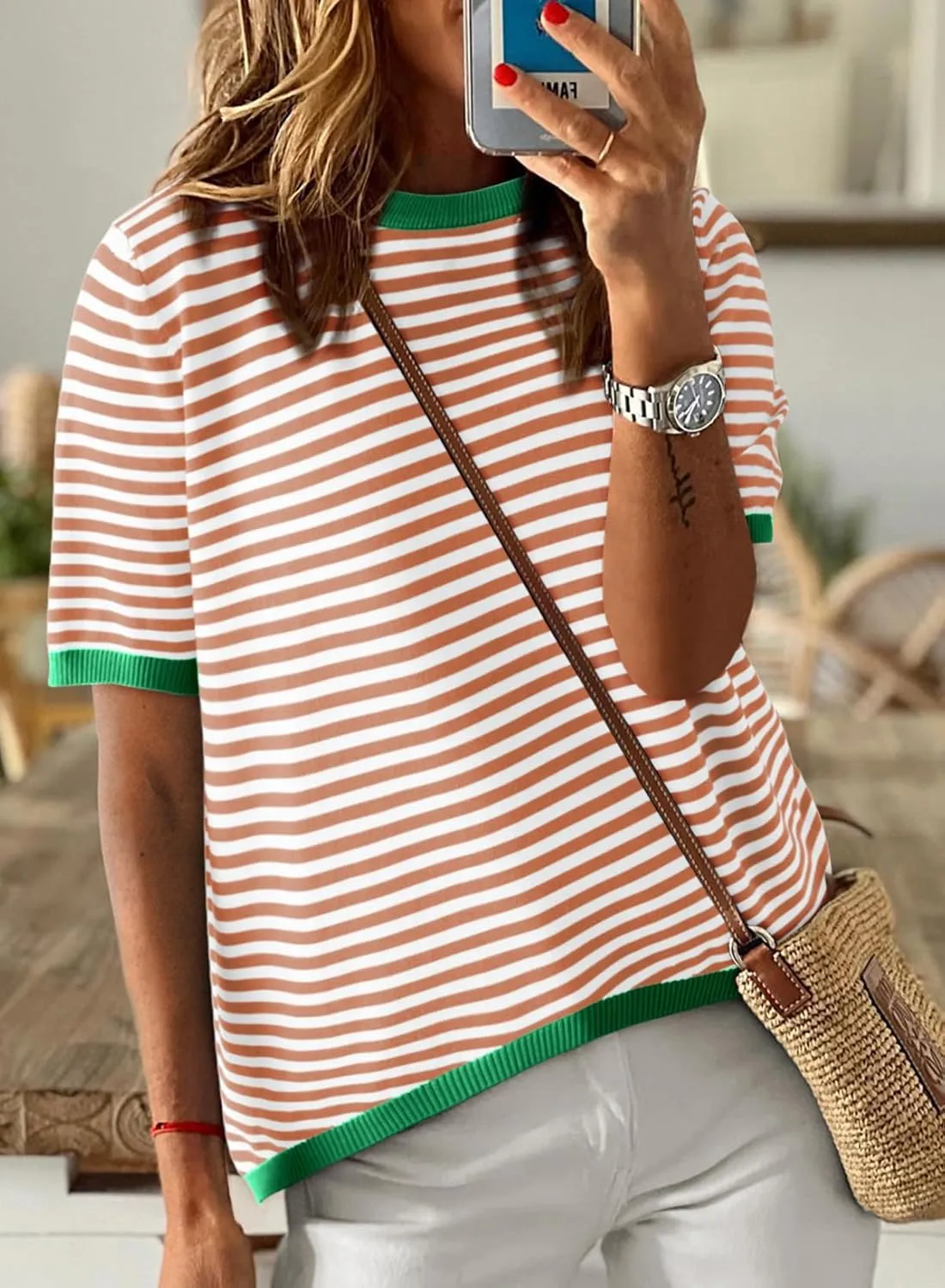 Dokotoo Womens Tops Casual Summer Crewneck Short Sleeve Striped Color Block Knit High Low Trendy Pullover Sweaters