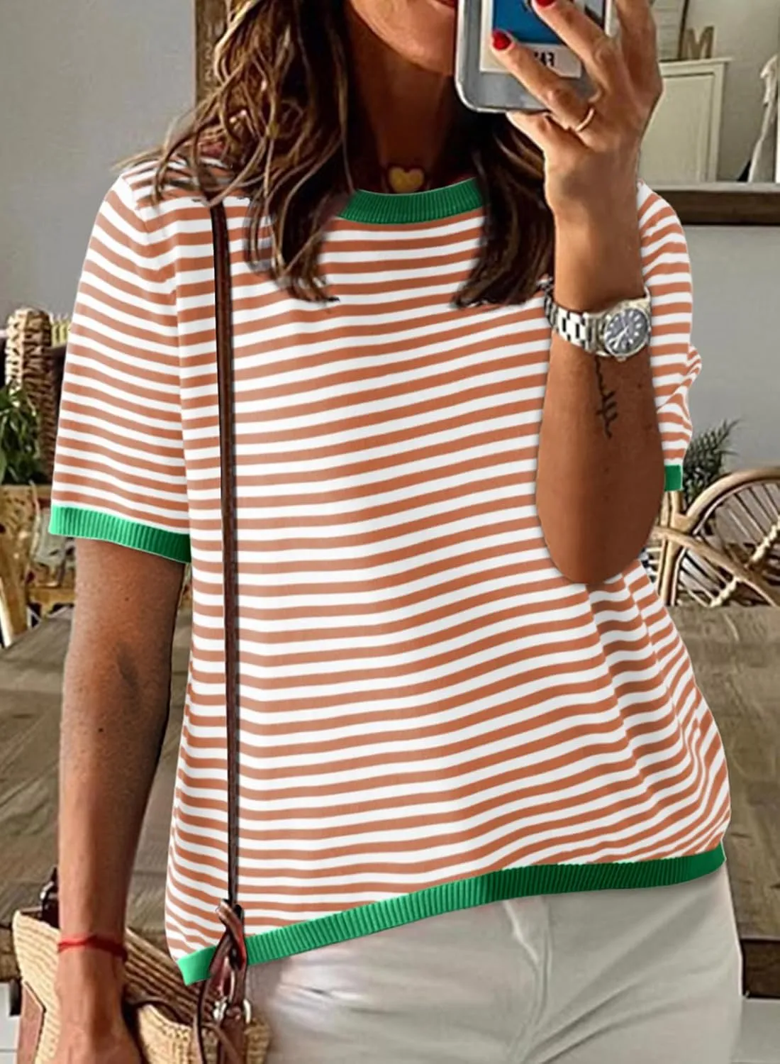 Dokotoo Womens Tops Casual Summer Crewneck Short Sleeve Striped Color Block Knit High Low Trendy Pullover Sweaters