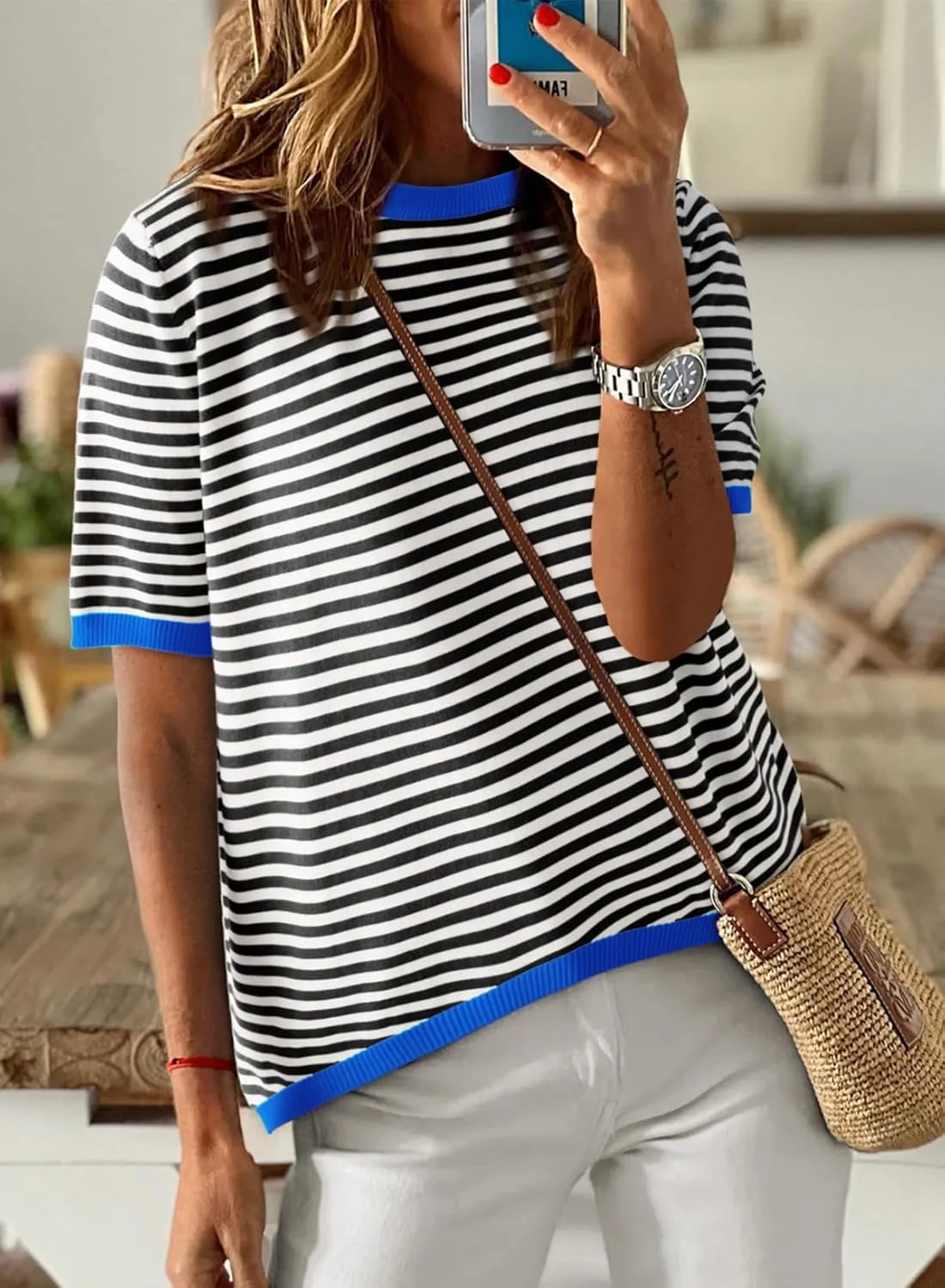 Dokotoo Womens Tops Casual Summer Crewneck Short Sleeve Striped Color Block Knit High Low Trendy Pullover Sweaters
