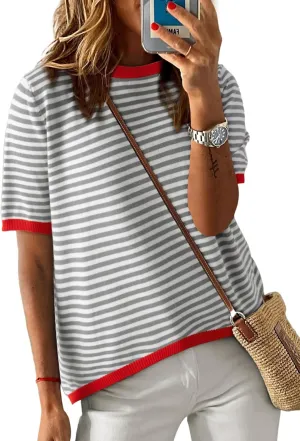 Dokotoo Womens Tops Casual Summer Crewneck Short Sleeve Striped Color Block Knit High Low Trendy Pullover Sweaters
