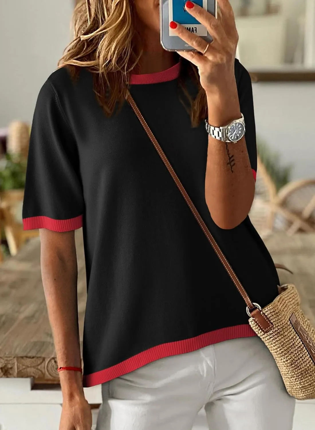 Dokotoo Womens Tops Casual Summer Crewneck Short Sleeve Striped Color Block Knit High Low Trendy Pullover Sweaters
