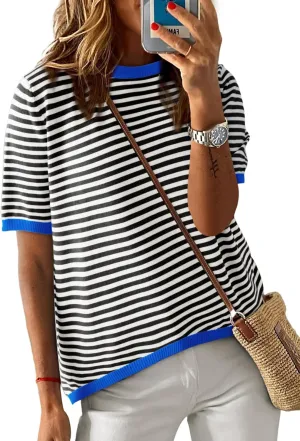 Dokotoo Womens Tops Casual Summer Crewneck Short Sleeve Striped Color Block Knit High Low Trendy Pullover Sweaters