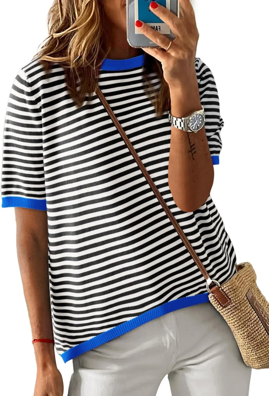 Dokotoo Womens Tops Casual Summer Crewneck Short Sleeve Striped Color Block Knit High Low Trendy Pullover Sweaters