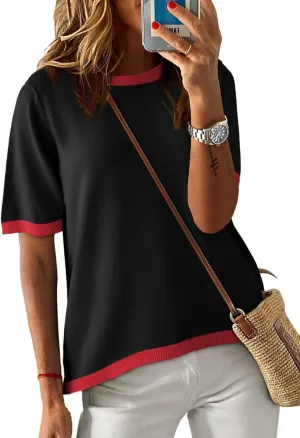 Dokotoo Womens Tops Casual Summer Crewneck Short Sleeve Striped Color Block Knit High Low Trendy Pullover Sweaters