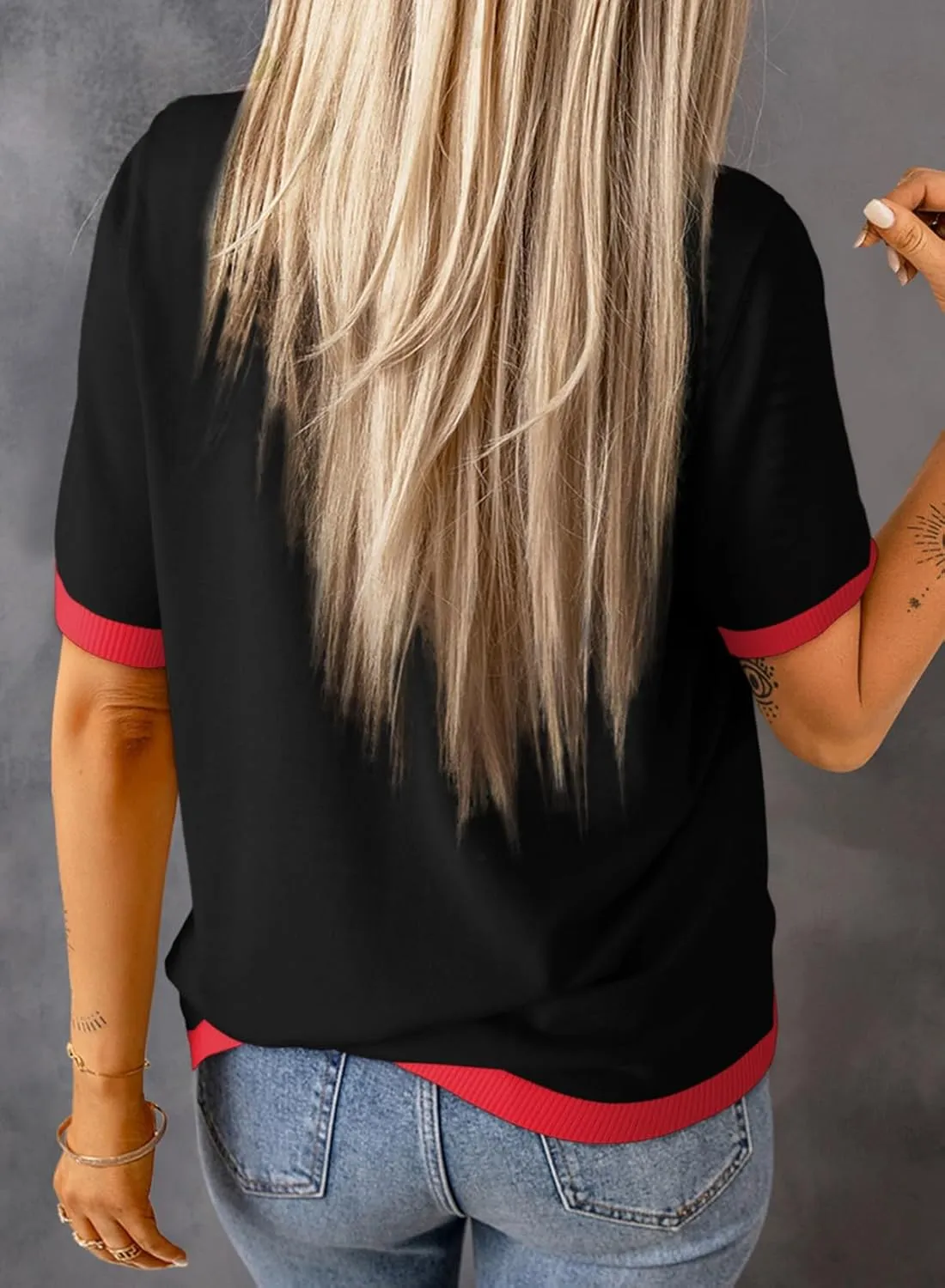 Dokotoo Womens Tops Casual Summer Crewneck Short Sleeve Striped Color Block Knit High Low Trendy Pullover Sweaters