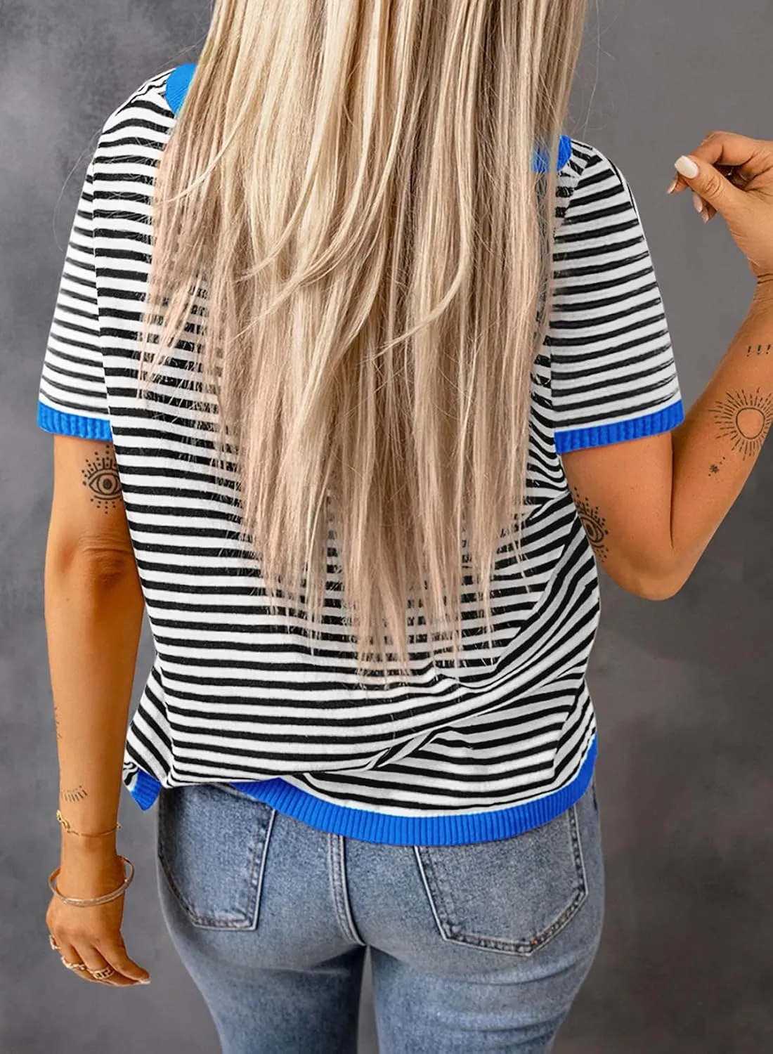 Dokotoo Womens Tops Casual Summer Crewneck Short Sleeve Striped Color Block Knit High Low Trendy Pullover Sweaters