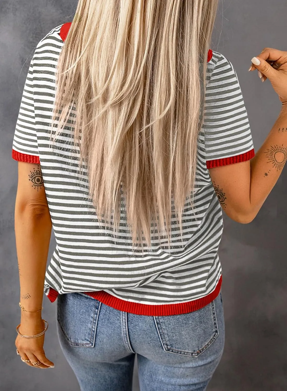 Dokotoo Womens Tops Casual Summer Crewneck Short Sleeve Striped Color Block Knit High Low Trendy Pullover Sweaters
