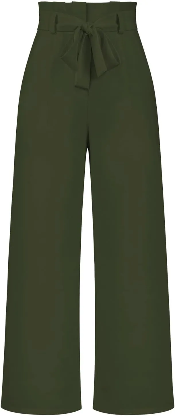 DOLKFU Womens Belted High Waist Business Casual Pants Straight Wide Leg Trousers Fashion Loose Comfy Pants