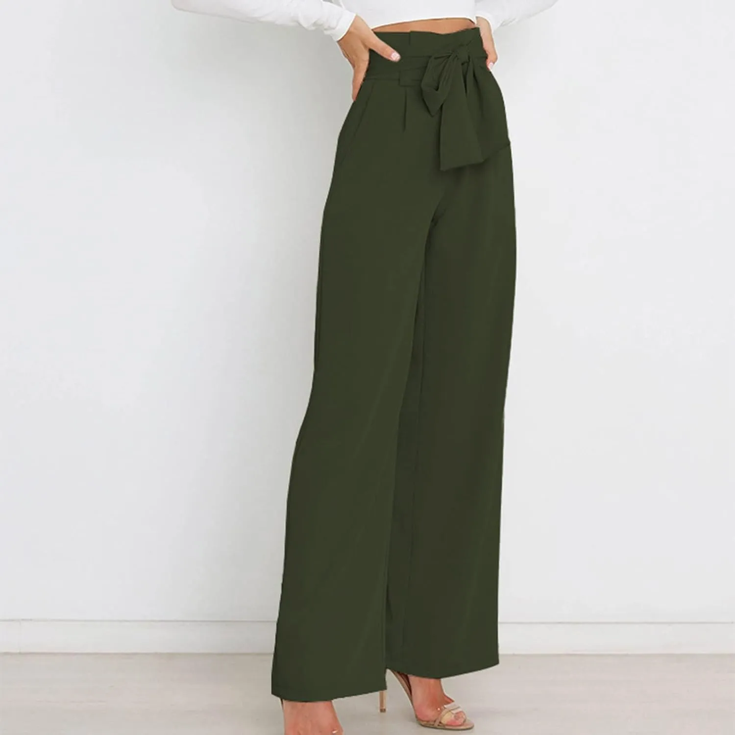 DOLKFU Womens Belted High Waist Business Casual Pants Straight Wide Leg Trousers Fashion Loose Comfy Pants