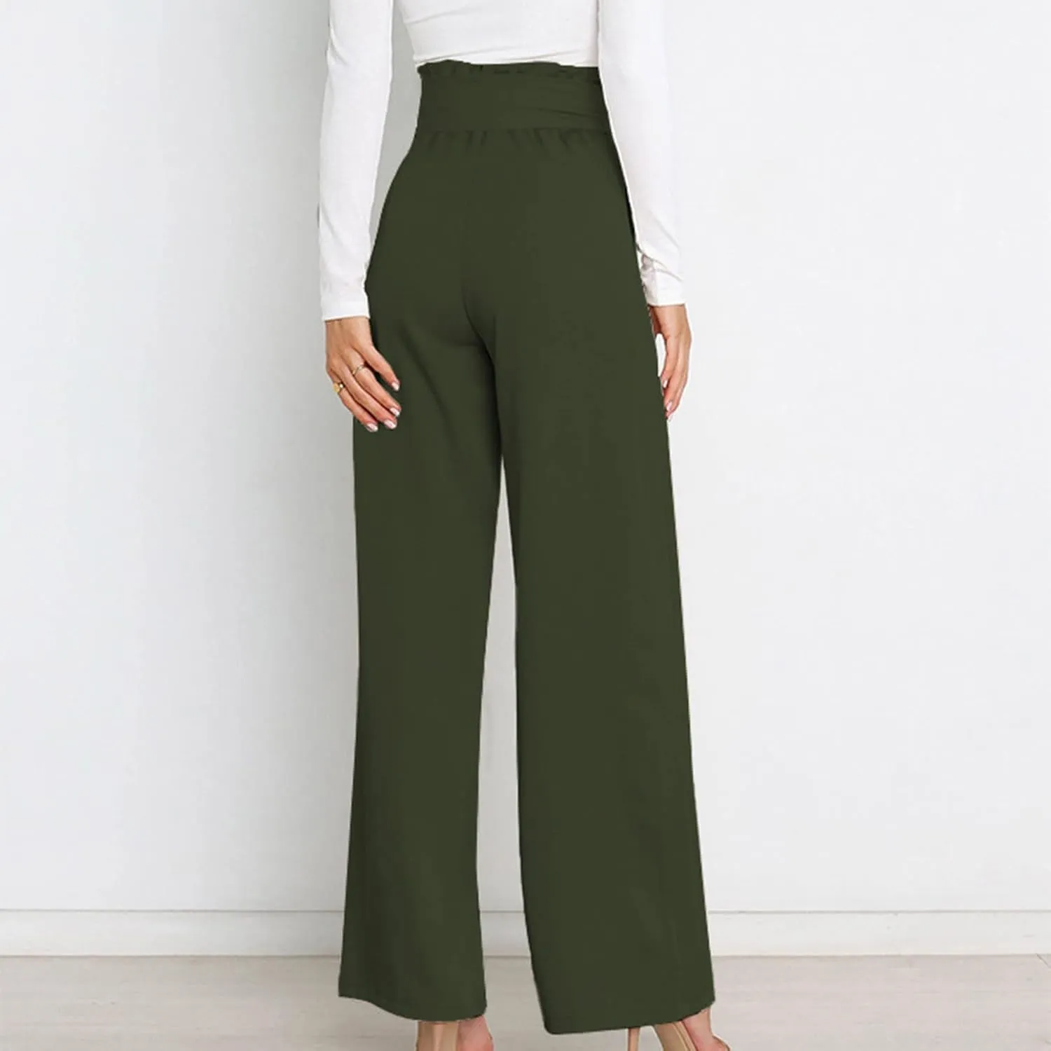 DOLKFU Womens Belted High Waist Business Casual Pants Straight Wide Leg Trousers Fashion Loose Comfy Pants