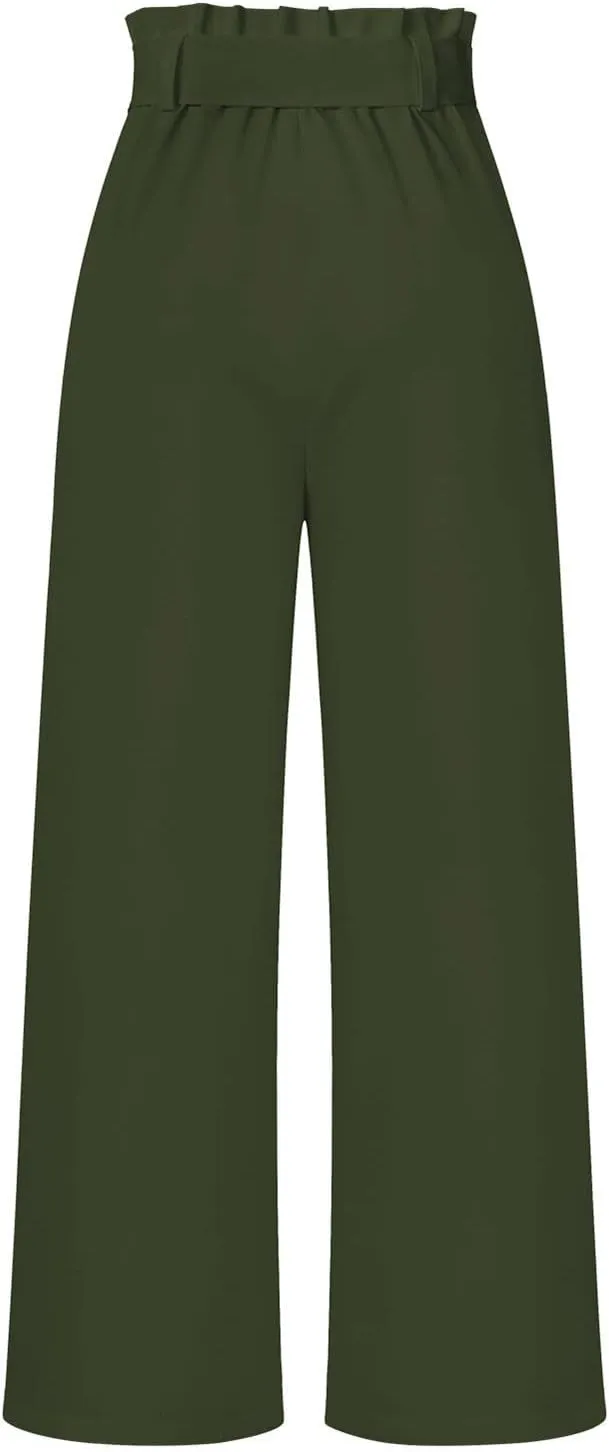 DOLKFU Womens Belted High Waist Business Casual Pants Straight Wide Leg Trousers Fashion Loose Comfy Pants