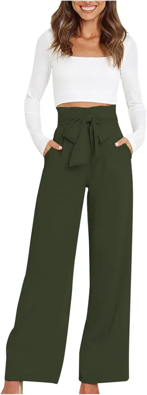 DOLKFU Womens Belted High Waist Business Casual Pants Straight Wide Leg Trousers Fashion Loose Comfy Pants