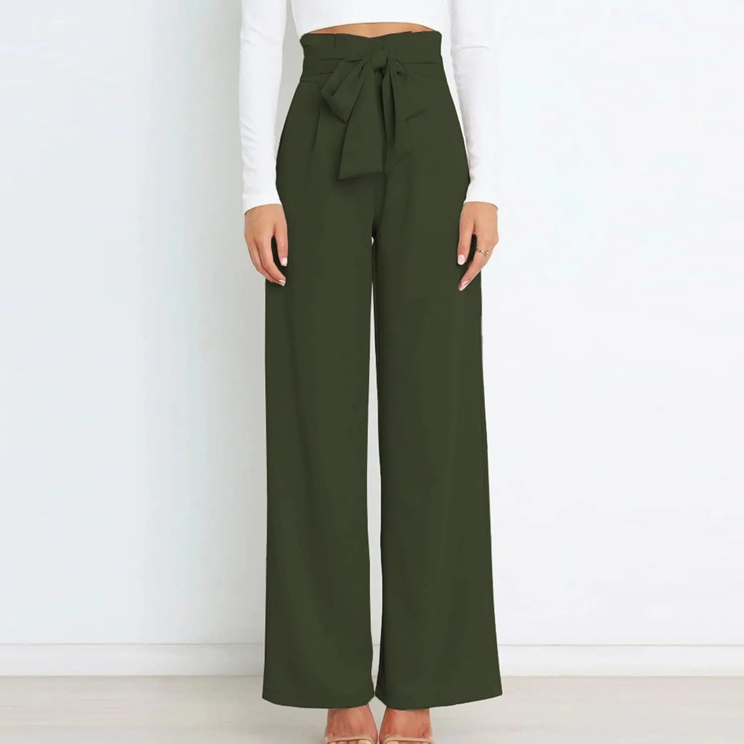 DOLKFU Womens Belted High Waist Business Casual Pants Straight Wide Leg Trousers Fashion Loose Comfy Pants