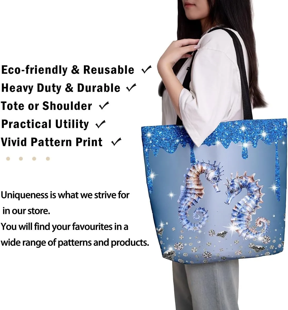 Dolphin Canvas Tote Bag for Women,Sequin Fluid Art Handbag,Diamond Shoulder Bag Nautical Animal Coastal Ocean Decor