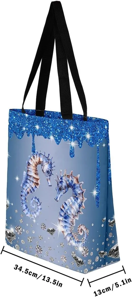 Dolphin Canvas Tote Bag for Women,Sequin Fluid Art Handbag,Diamond Shoulder Bag Nautical Animal Coastal Ocean Decor