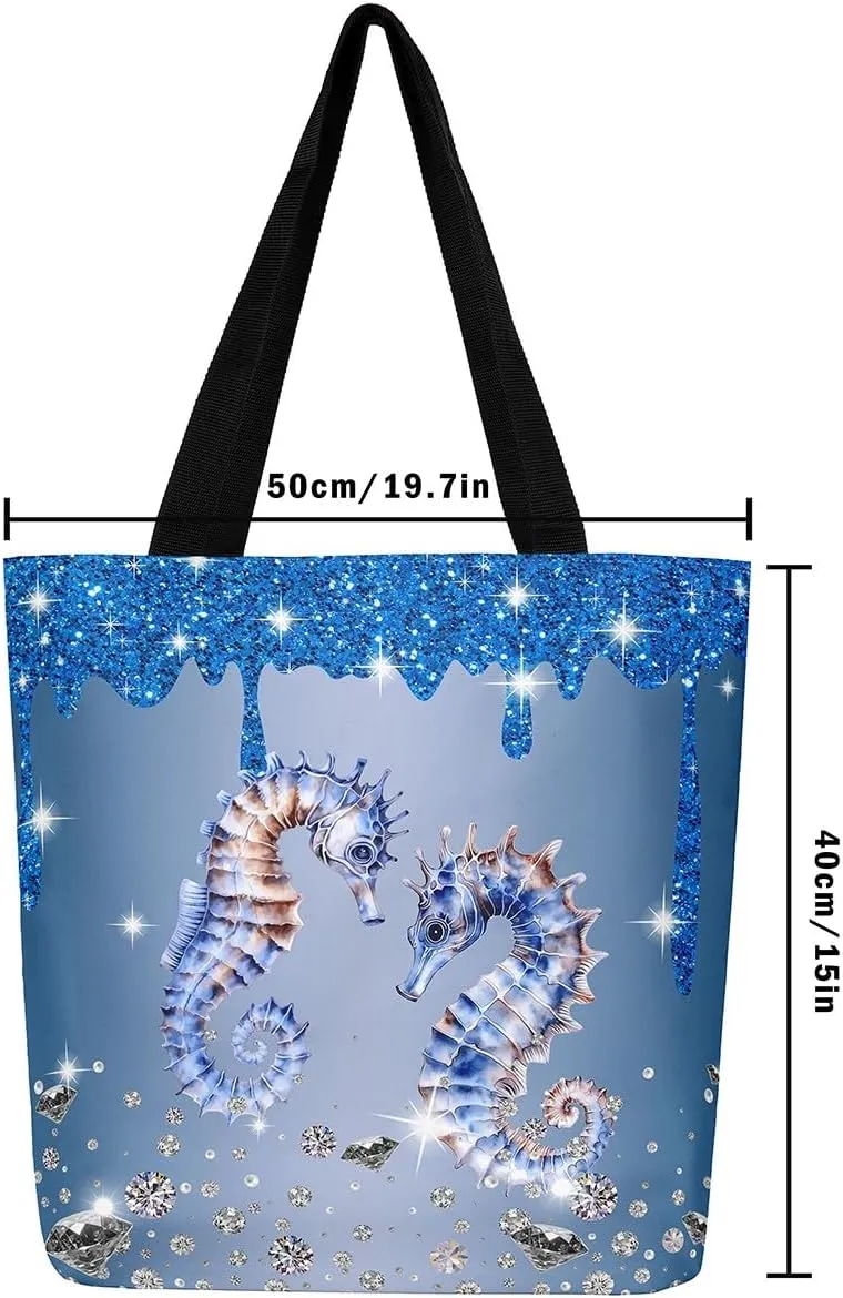 Dolphin Canvas Tote Bag for Women,Sequin Fluid Art Handbag,Diamond Shoulder Bag Nautical Animal Coastal Ocean Decor