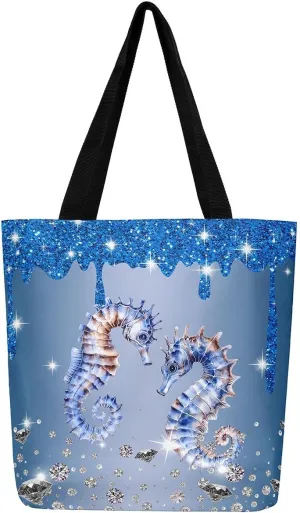 Dolphin Canvas Tote Bag for Women,Sequin Fluid Art Handbag,Diamond Shoulder Bag Nautical Animal Coastal Ocean Decor