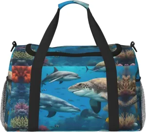 Dolphins Sea Turtle Shark Octopus Coral Reef print Weekender Overnight Carry On Bag Gym Luggage Bag Duffel Bag for Travel Women