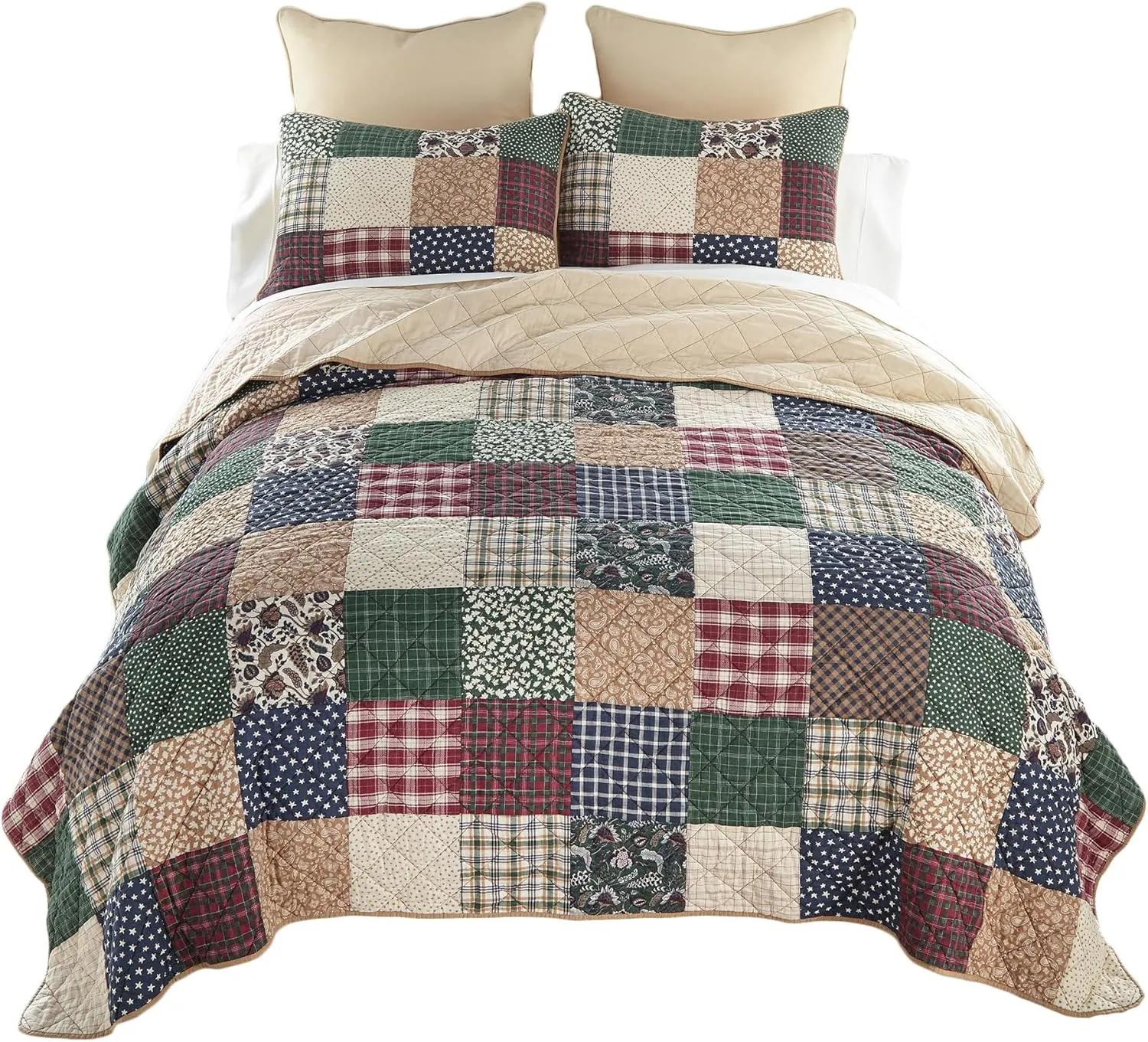 Donna Sharp Rustic Paisley Pieced Patchwork Cotton Quilted Bedding Set - 3-Piece Queen Size Quilt Set - Includes 1 Quilt and 2 Pillow Shams - Machine Washable - Perfect for Rustic Decor