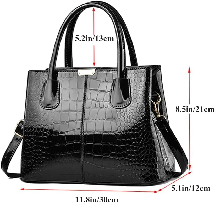 Downupdown Women Handbags Classic Top Handle Purse Shiny Patent Leather Crocodile Pattern Totes Stylish Satchel Shoulder Bag