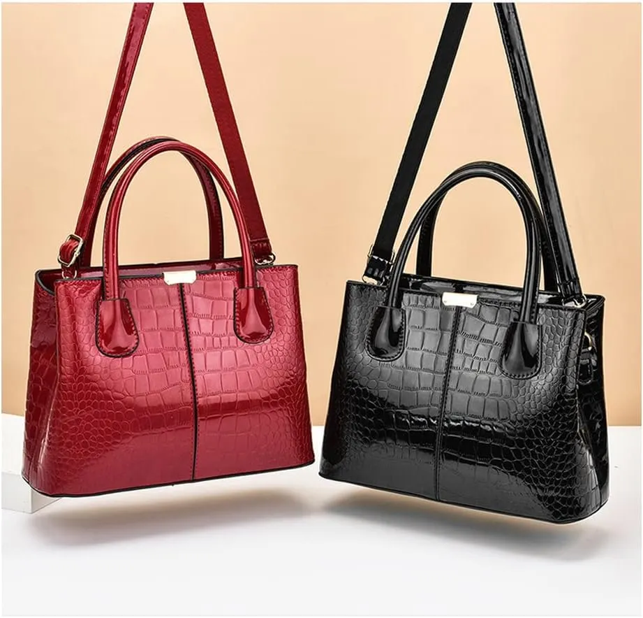 Downupdown Women Handbags Classic Top Handle Purse Shiny Patent Leather Crocodile Pattern Totes Stylish Satchel Shoulder Bag
