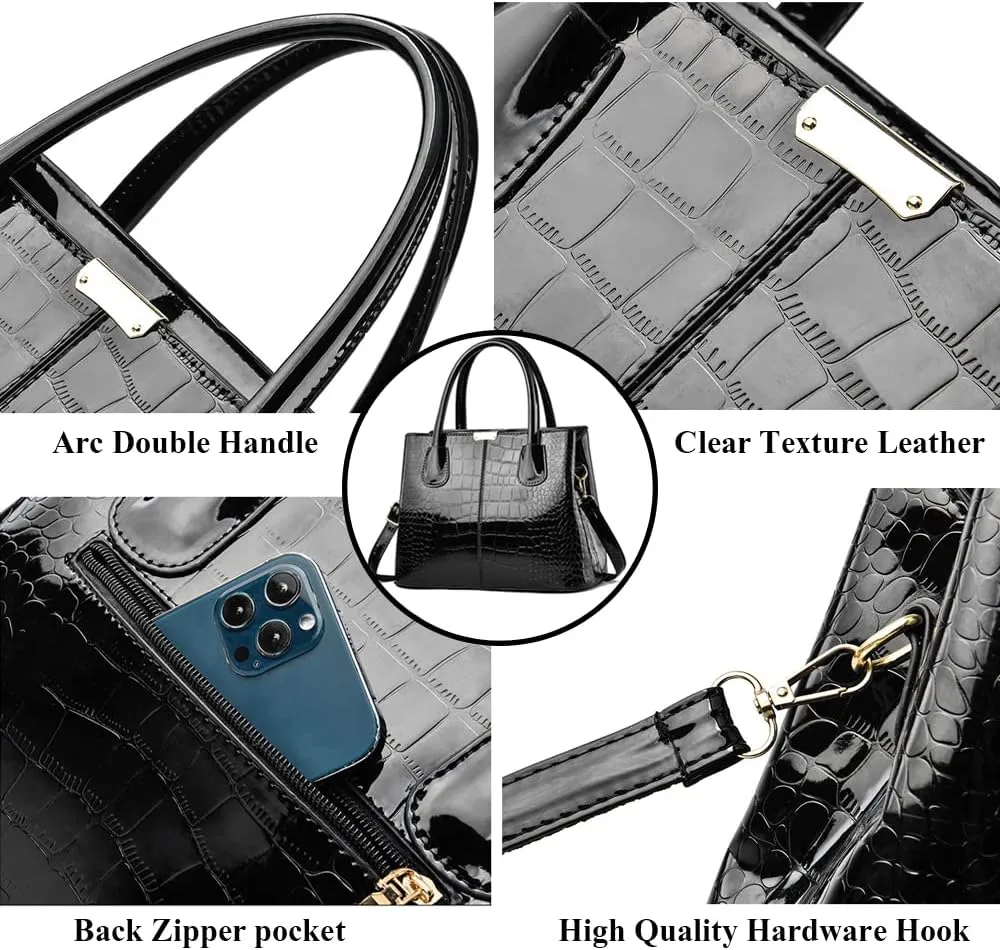 Downupdown Women Handbags Classic Top Handle Purse Shiny Patent Leather Crocodile Pattern Totes Stylish Satchel Shoulder Bag