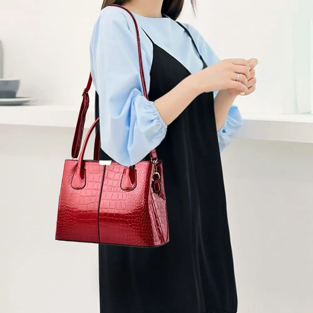 Downupdown Women Handbags Classic Top Handle Purse Shiny Patent Leather Crocodile Pattern Totes Stylish Satchel Shoulder Bag