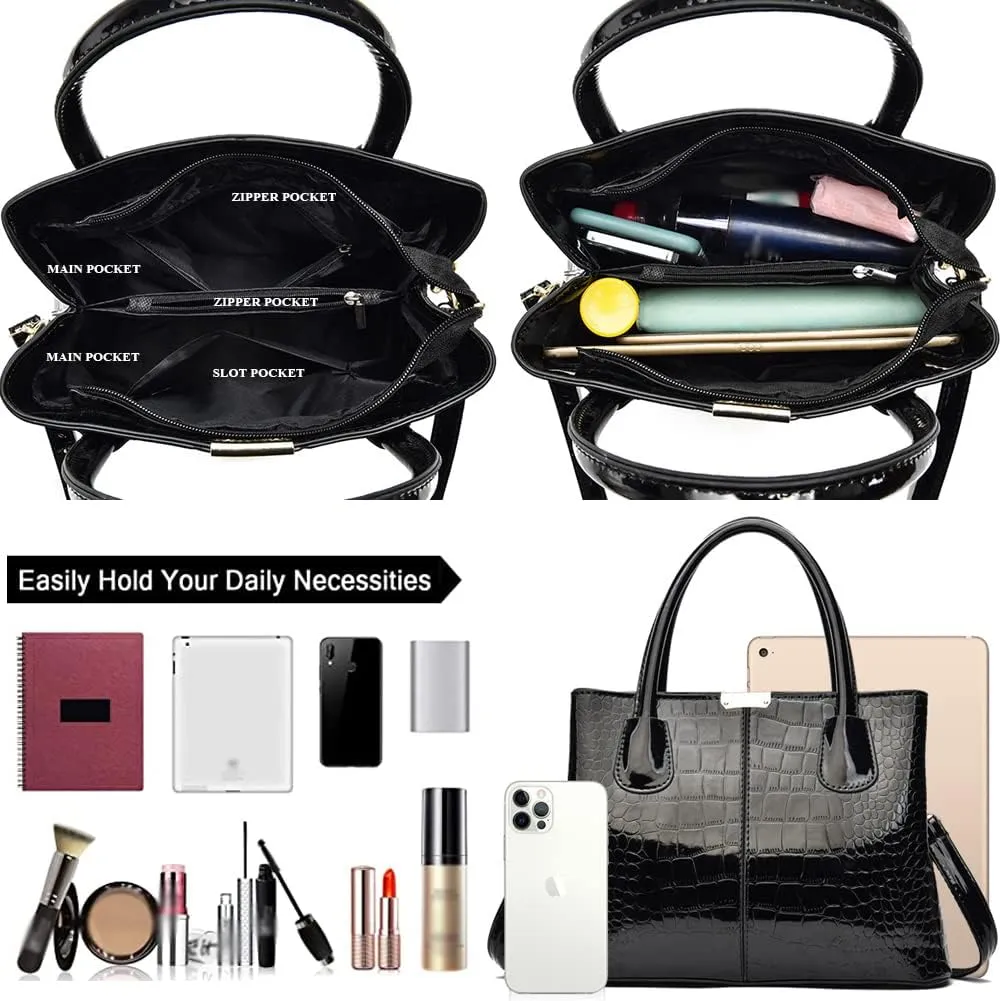 Downupdown Women Handbags Classic Top Handle Purse Shiny Patent Leather Crocodile Pattern Totes Stylish Satchel Shoulder Bag