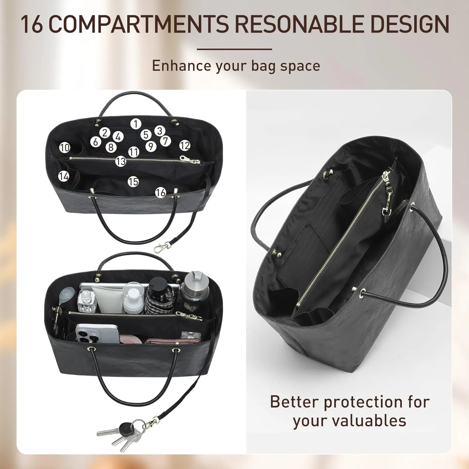 Doxo Purse Organizer Insert Compatiable with M arc Jacobs Large Tote Bag, Lightweight YKK Zipper Handbag Organizer with Handle/Elastic Cup Holder/Key Leash, 16 Pockets Bags Divider Shaper, Black/L