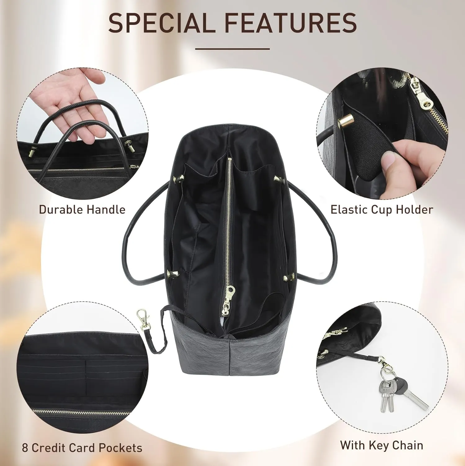 Doxo Purse Organizer Insert Compatiable with M arc Jacobs Large Tote Bag, Lightweight YKK Zipper Handbag Organizer with Handle/Elastic Cup Holder/Key Leash, 16 Pockets Bags Divider Shaper, Black/L