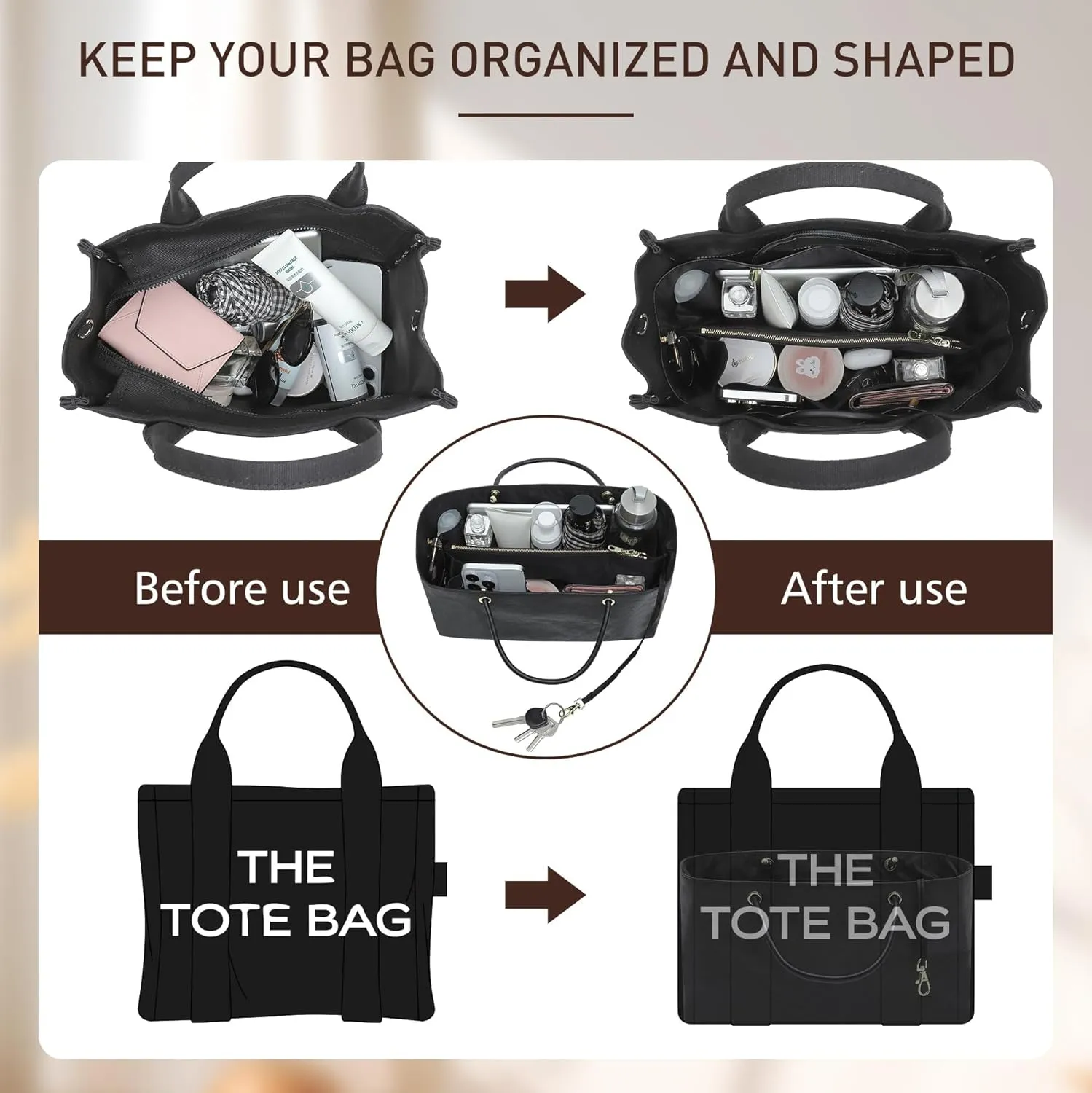 Doxo Purse Organizer Insert Compatiable with M arc Jacobs Large Tote Bag, Lightweight YKK Zipper Handbag Organizer with Handle/Elastic Cup Holder/Key Leash, 16 Pockets Bags Divider Shaper, Black/L