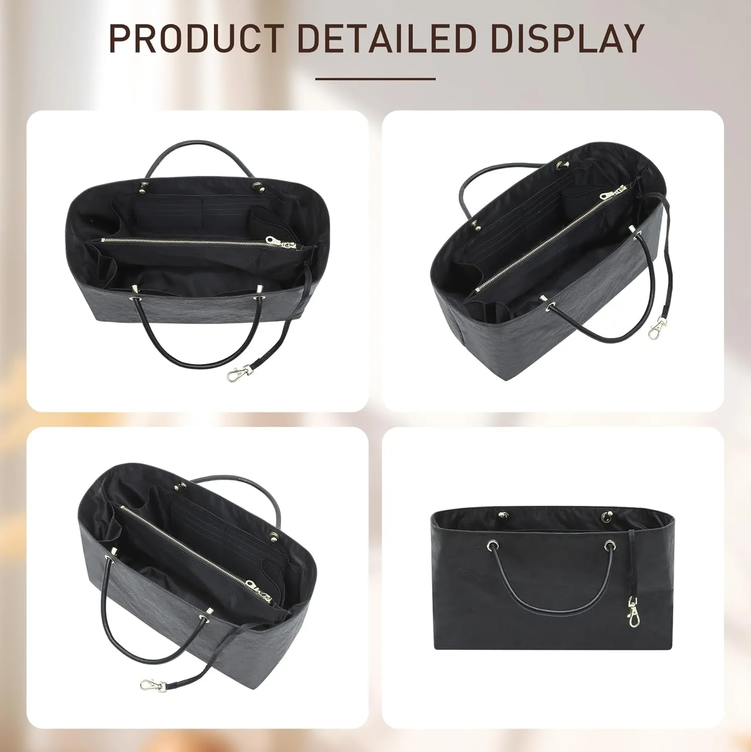 Doxo Purse Organizer Insert Compatiable with M arc Jacobs Large Tote Bag, Lightweight YKK Zipper Handbag Organizer with Handle/Elastic Cup Holder/Key Leash, 16 Pockets Bags Divider Shaper, Black/L