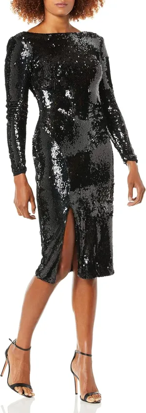 Dress the Population Women's Natalie Long Sleeve Stretch Sequin Midi Sheath Dress