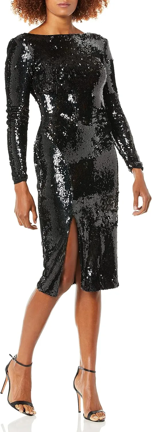 Dress the Population Women's Natalie Long Sleeve Stretch Sequin Midi Sheath Dress