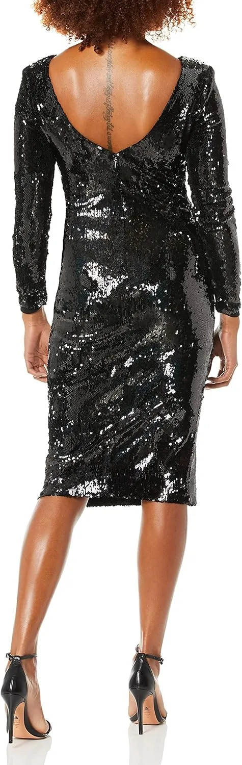 Dress the Population Women's Natalie Long Sleeve Stretch Sequin Midi Sheath Dress