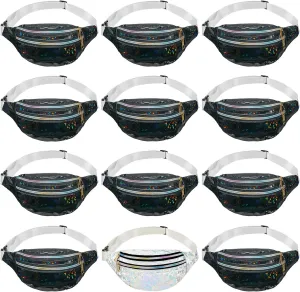 Dunzy 12 pcs Bachelorette Fanny Pack Bride Bridesmaid Holographic Waist Bag Waterproof Fanny Pack for Bachelorette Wedding Party(Black, Silver)