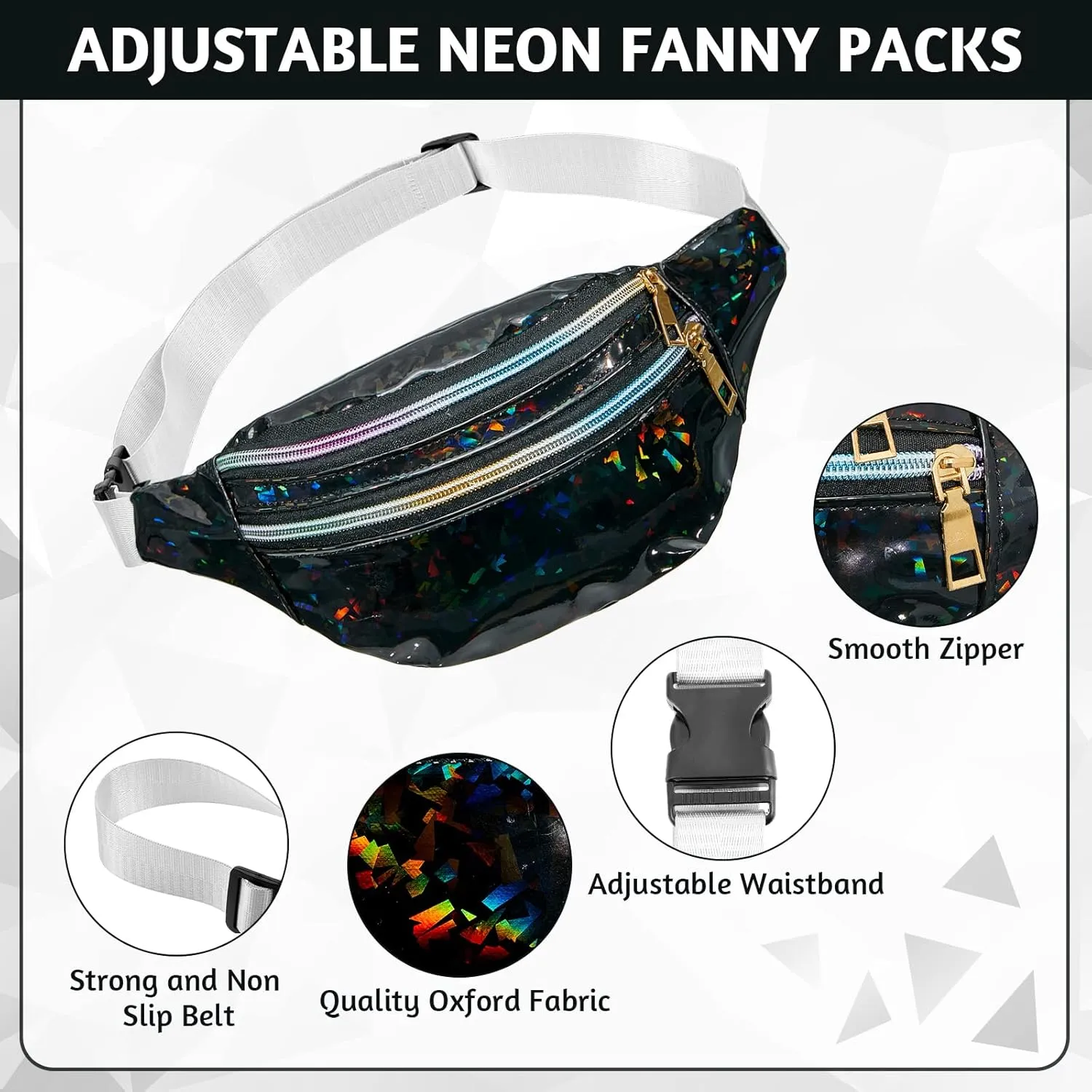 Dunzy 12 pcs Bachelorette Fanny Pack Bride Bridesmaid Holographic Waist Bag Waterproof Fanny Pack for Bachelorette Wedding Party(Black, Silver)