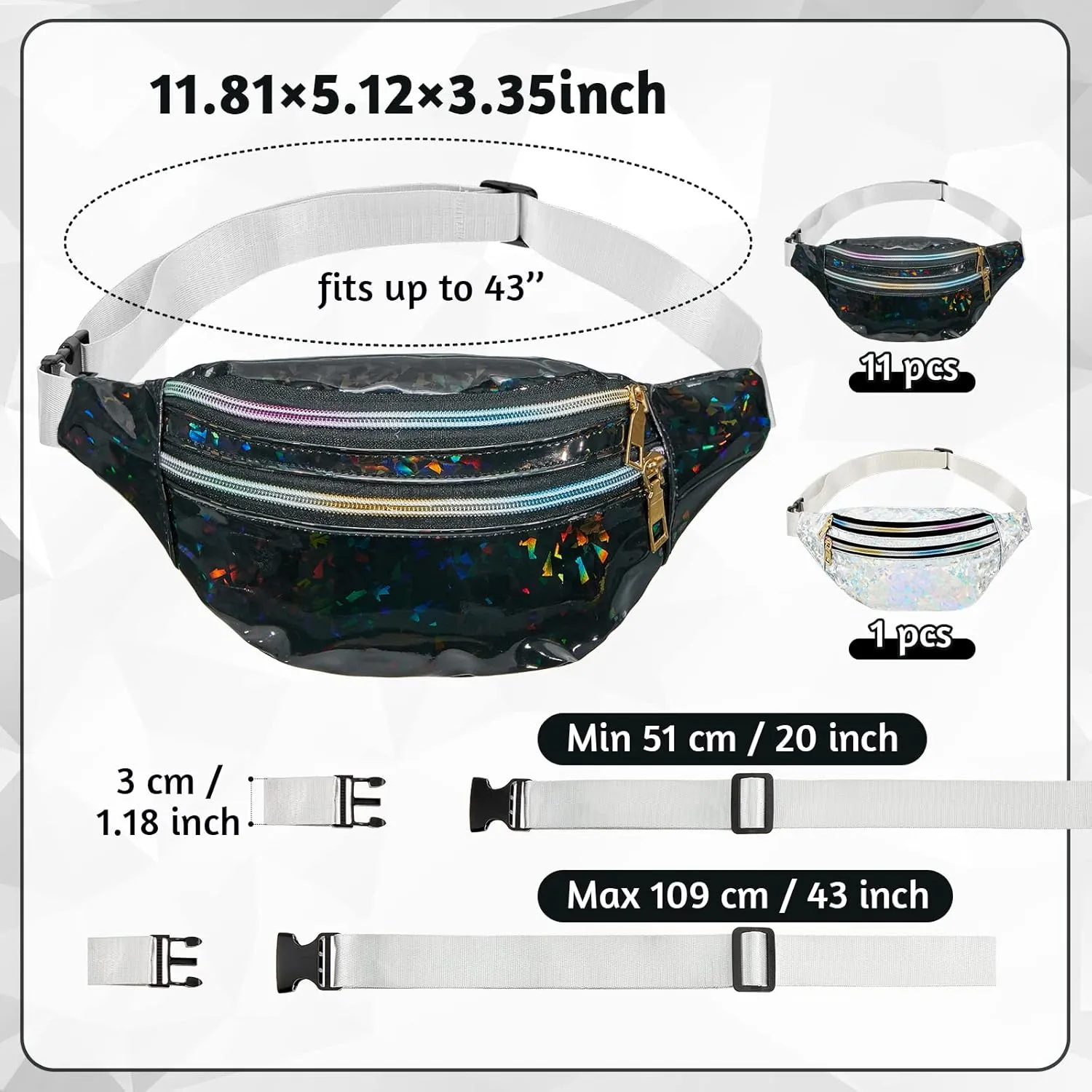 Dunzy 12 pcs Bachelorette Fanny Pack Bride Bridesmaid Holographic Waist Bag Waterproof Fanny Pack for Bachelorette Wedding Party(Black, Silver)