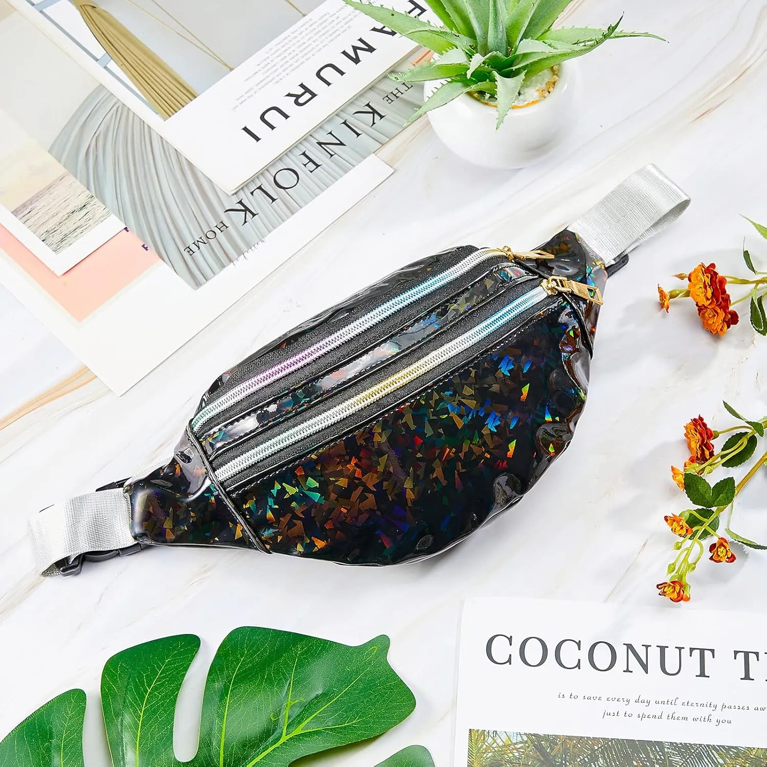 Dunzy 12 pcs Bachelorette Fanny Pack Bride Bridesmaid Holographic Waist Bag Waterproof Fanny Pack for Bachelorette Wedding Party(Black, Silver)