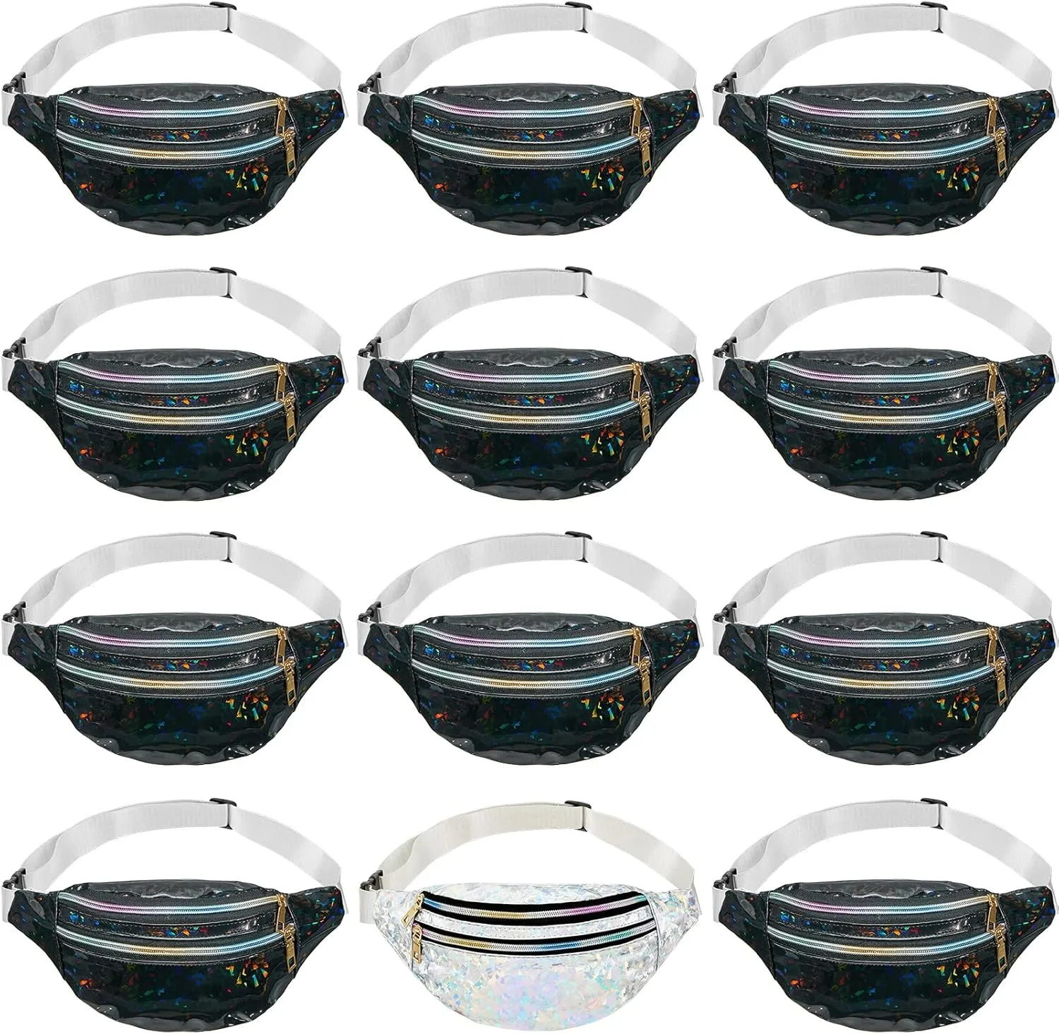 Dunzy 12 pcs Bachelorette Fanny Pack Bride Bridesmaid Holographic Waist Bag Waterproof Fanny Pack for Bachelorette Wedding Party(Black, Silver)