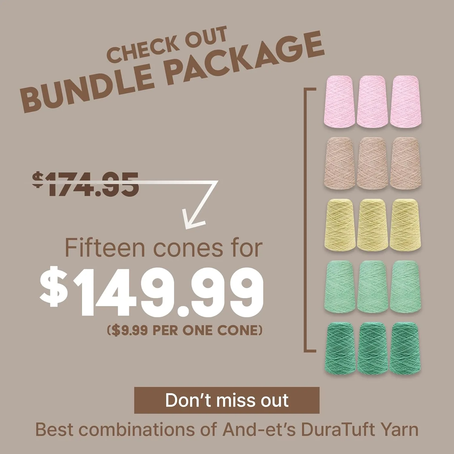 DuraTuft Yarn 45 Vibrant Colors Tufting Nylon Yarn Pack - Ideal for Crochet, Craft Projects -100% B.C.F. - 3 Cones x 1.66lbs -180yards -Perfect for Rug Weaving and Knitting (03 Pink Beige)