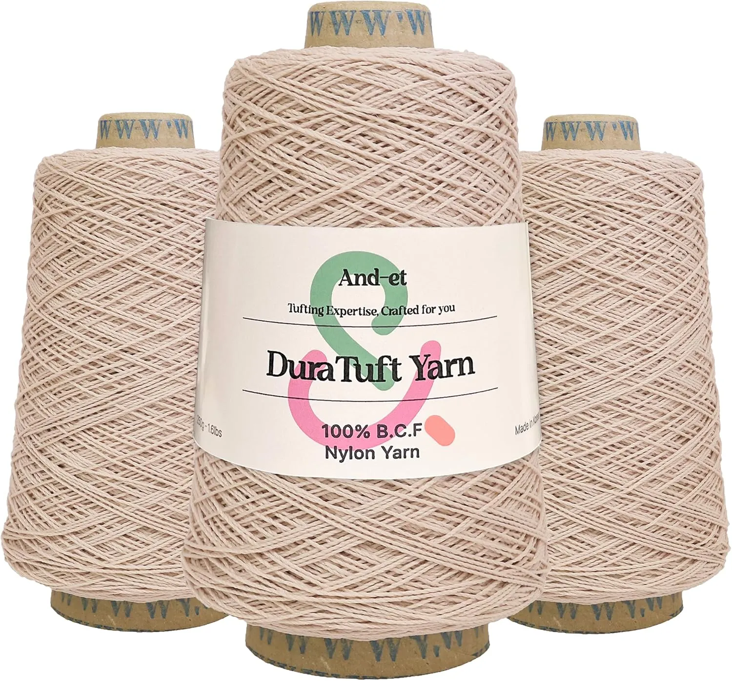 DuraTuft Yarn 45 Vibrant Colors Tufting Nylon Yarn Pack - Ideal for Crochet, Craft Projects -100% B.C.F. - 3 Cones x 1.66lbs -180yards -Perfect for Rug Weaving and Knitting (03 Pink Beige)