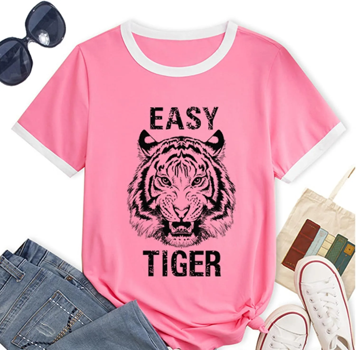 Easy Tiger Womens Shirts Animal Tiger Graphic Tees Tops Patchwork White Short Sleeve Country Music T-Shirt