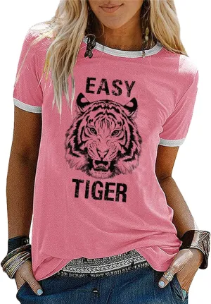 Easy Tiger Womens Shirts Animal Tiger Graphic Tees Tops Patchwork White Short Sleeve Country Music T-Shirt