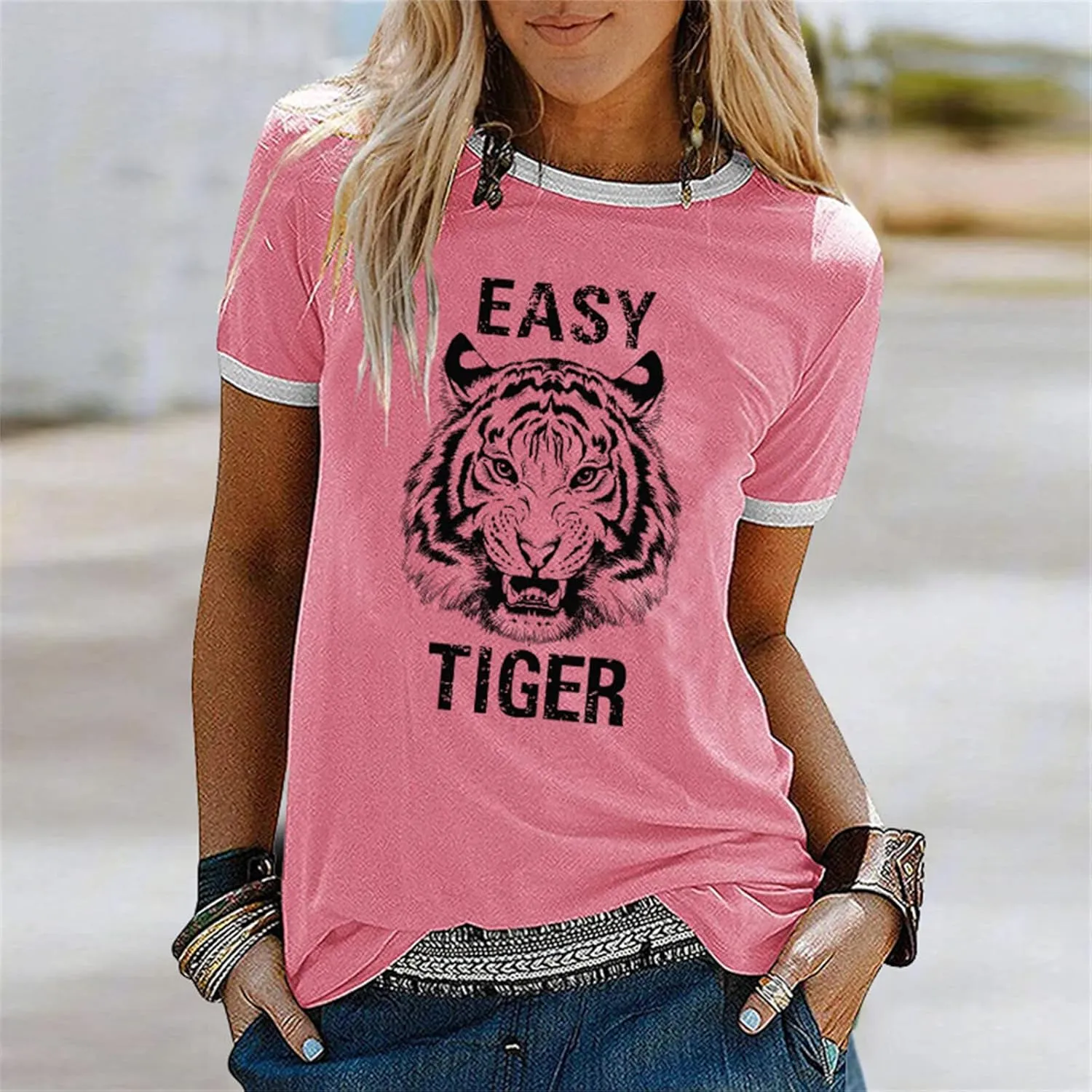 Easy Tiger Womens Shirts Animal Tiger Graphic Tees Tops Patchwork White Short Sleeve Country Music T-Shirt